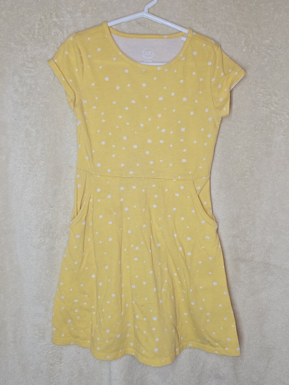 Wonder Nation Yellow Dotted Short-Sleeve Dress Functional Pockets Size S (6-6X)
